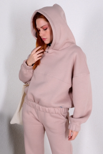 İND-20200 Taş Rengi Kapüşonlu Bel Lastikli Sweat - Thumbnail