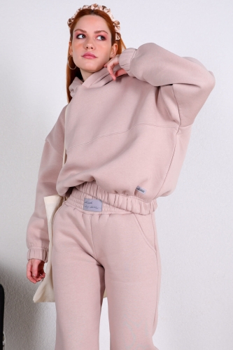 İND-20200 Taş Rengi Kapüşonlu Bel Lastikli Sweat - Thumbnail