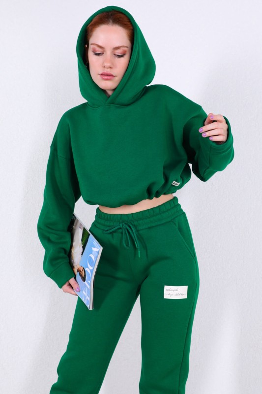 İND-20207 Yeşil Kapüşonlu Bel Lastikli Sweat