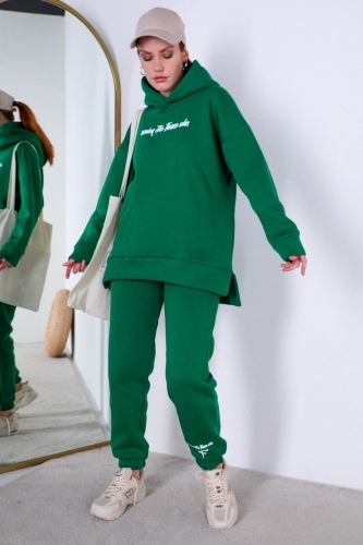 İND-20195 Yeşil Yazı Baskılı Üç İplik Şardonlu Sweat - Thumbnail