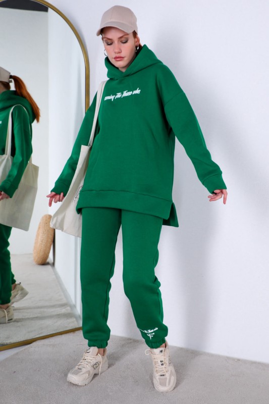 İND-20195 Yeşil Yazı Baskılı Üç İplik Şardonlu Sweat