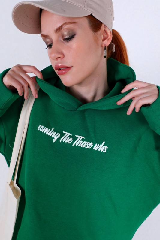 İND-20195 Yeşil Yazı Baskılı Üç İplik Şardonlu Sweat