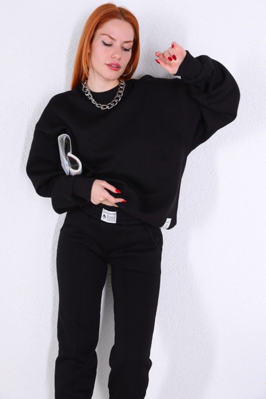 İND-20197 Siyah Etiket Detay Oversize Sweat