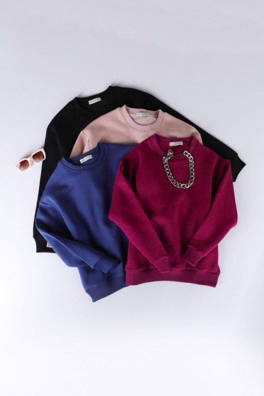 İND-20208 Taş Rengi Düz Basic Üç İplik Şardonlu Sweatshirt