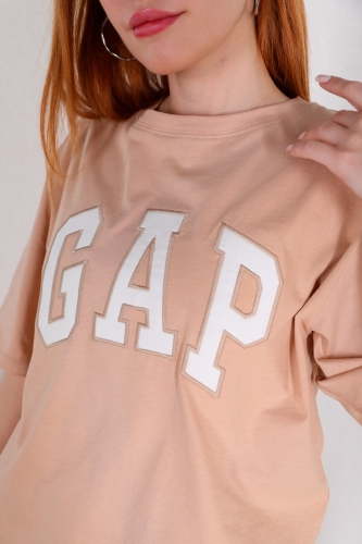 Cappmoda - İND-20220 Vizon GAP Yazı Nakışlı Salaş Tişört (1)