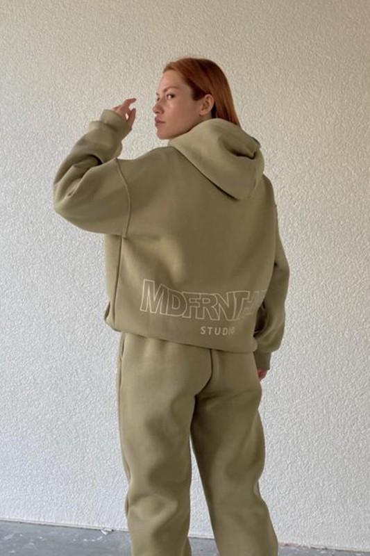 İND-20247 Haki Madfornothing Baskılı Kapüşonlu Sweatshirt - 2