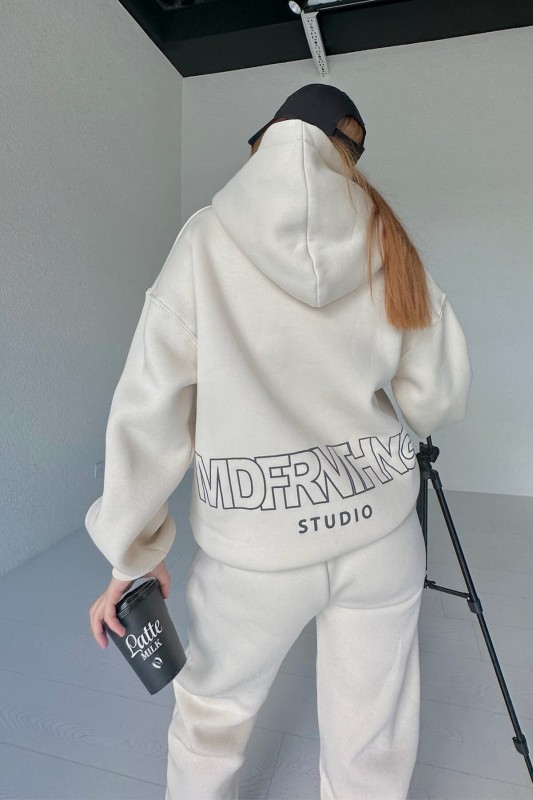 İND-20247 Krem Madfornothing Baskılı Kapüşonlu Sweatshirt - 2