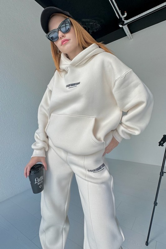 İND-20247 Krem Madfornothing Baskılı Kapüşonlu Sweatshirt - 1