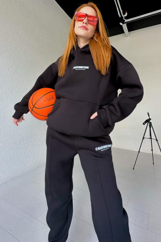 İND-20247 Siyah Madfornothing Baskılı Kapüşonlu Sweatshirt - 1