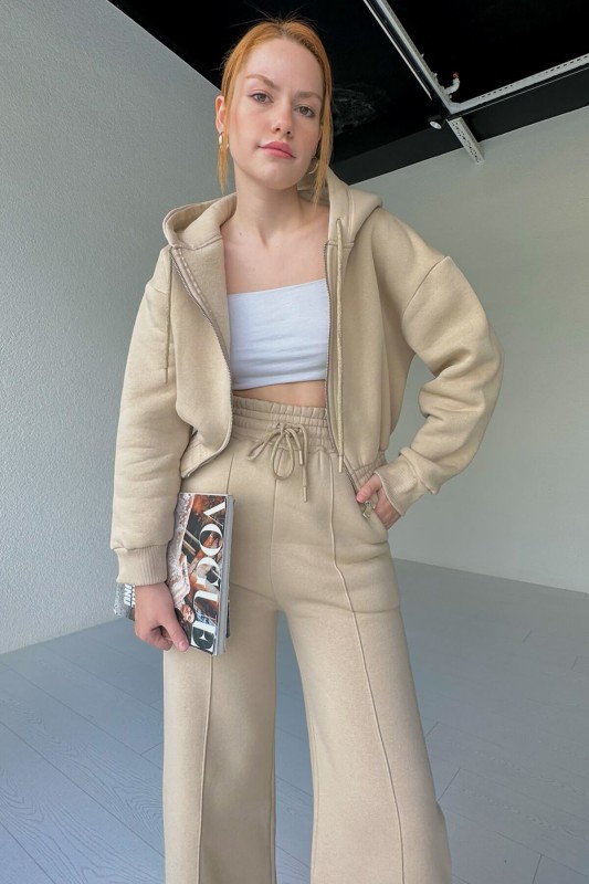 İND-20250 Bej Fermuarlı Crop Sweat - 1