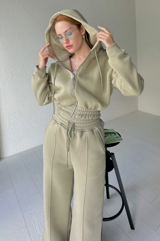 İND-20250 Haki Fermuarlı Crop Sweat - 1