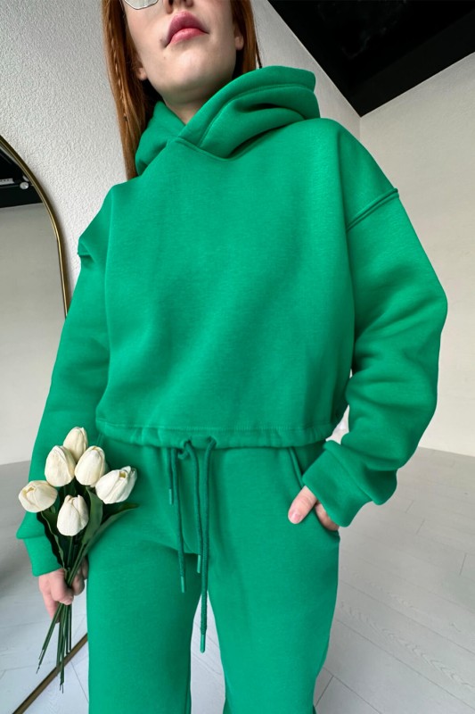 İND-20252 Yeşil Bağlamalı Kapüşonlu Crop Sweat - 1