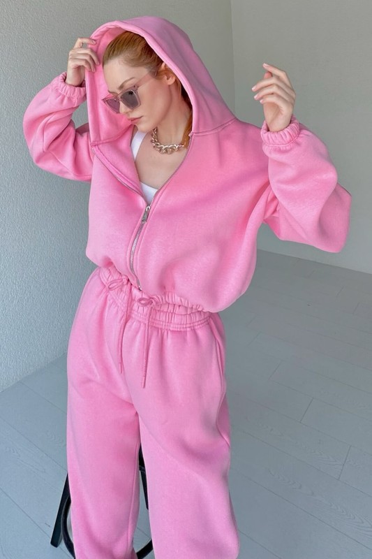 İND-20258 Pembe Fermuarlı Bel Lastikli Kapüşonlu Sweat - 1
