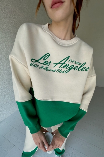 İND-20263 Yeşil Los Angeles Nakışlı Üç İplik Şardonlu SWeat - Thumbnail