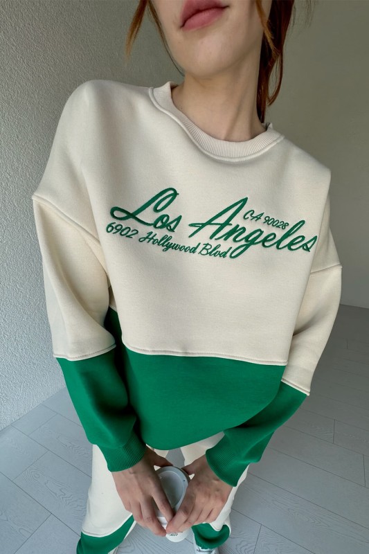 İND-20263 Yeşil Los Angeles Nakışlı Üç İplik Şardonlu SWeat - 2