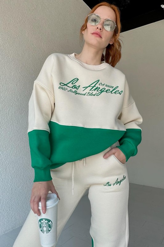 İND-20263 Yeşil Los Angeles Nakışlı Üç İplik Şardonlu SWeat - 1