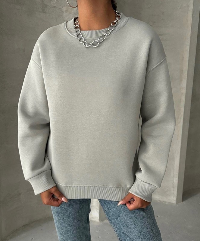 SWT-14256 Boyama Gri Basic Üç İplik Şardonlu Sweatshirt - 1