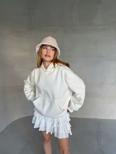 İND-20311 Beyaz Kapüşonlu Üç İplik Şardonlu Kumaş Sweatshirt - Cappmoda