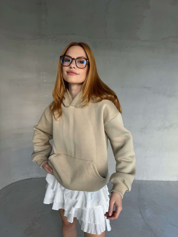 İND-20311 Taş Rengi Kapüşonlu Üç İplik Şardonlu Kumaş Sweatshirt
