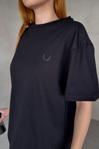 Cappmoda - İND-20312 Siyah Yaprak Desenli Tişört (1)