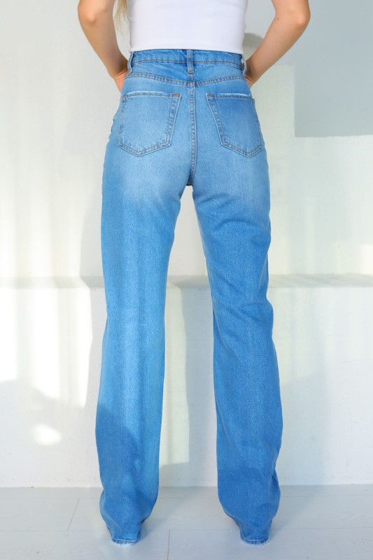 JEAN-08084 Açık Mavi Diz Yırtık Detay İspanyol Momfit Jean