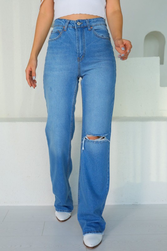 JEAN-08084 Açık Mavi Diz Yırtık Detay İspanyol Momfit Jean