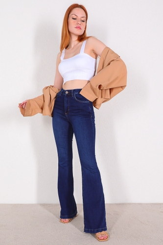 Cappmoda - JEAN-08097 Koyu Mavi Yüksek Bel İspanyol Paça Jean (1)