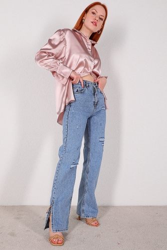 Cappmoda - JEAN-08105 Mavi Yırtmaç Detaylı Düz Paça Mom Jean (1)