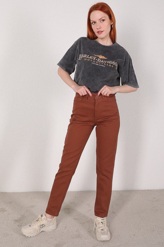 JEAN-08106 Kahverengi Yüksek Bel Momfit Jean