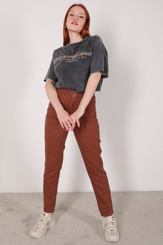 JEAN-08106 Kahverengi Yüksek Bel Momfit Jean