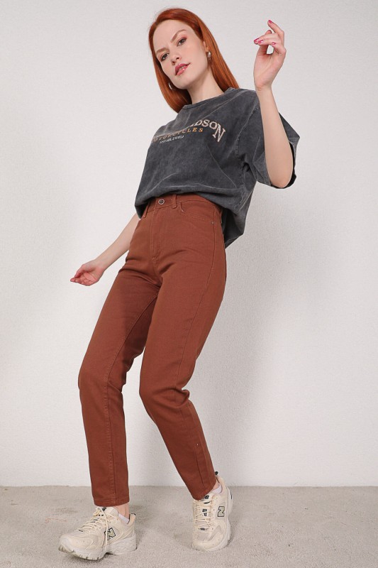 JEAN-08106 Kahverengi Yüksek Bel Momfit Jean
