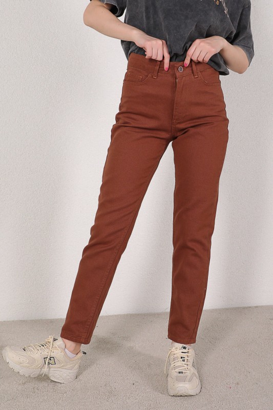 JEAN-08106 Kahverengi Yüksek Bel Momfit Jean