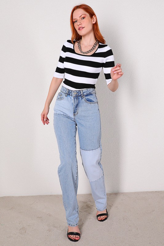 JEAN-08107 Mavi Parçalı Yüksek Bel Momfit Jean