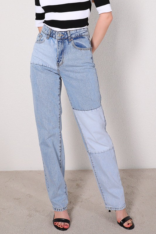 JEAN-08107 Mavi Parçalı Yüksek Bel Momfit Jean