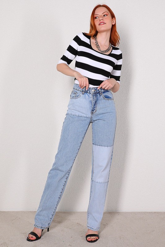 JEAN-08107 Mavi Parçalı Yüksek Bel Momfit Jean