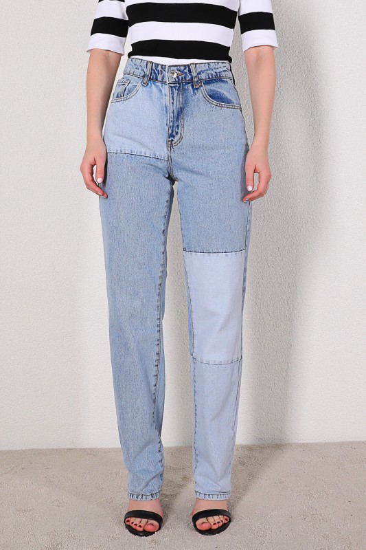 JEAN-08107 Mavi Parçalı Yüksek Bel Momfit Jean