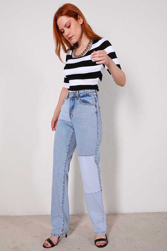 JEAN-08107 Mavi Parçalı Yüksek Bel Momfit Jean