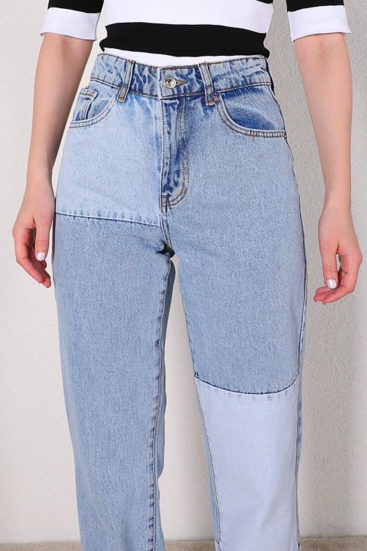 JEAN-08107 Mavi Parçalı Yüksek Bel Momfit Jean