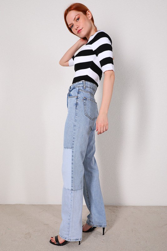 JEAN-08107 Mavi Parçalı Yüksek Bel Momfit Jean