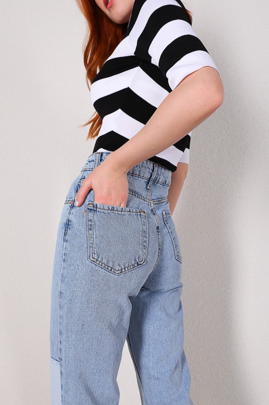 JEAN-08107 Mavi Parçalı Yüksek Bel Momfit Jean