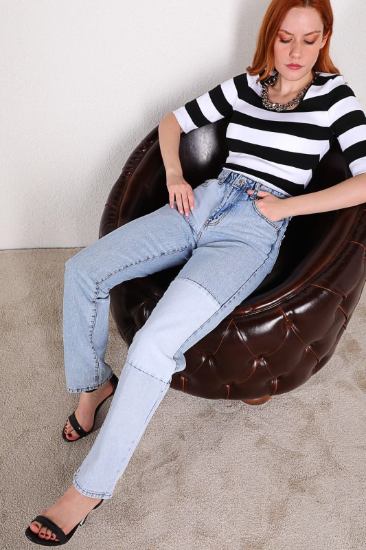 JEAN-08107 Mavi Parçalı Yüksek Bel Momfit Jean