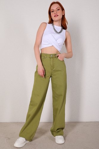 Cappmoda - JEAN-08109 Haki Yüksek Bel Palazzo Jean (1)