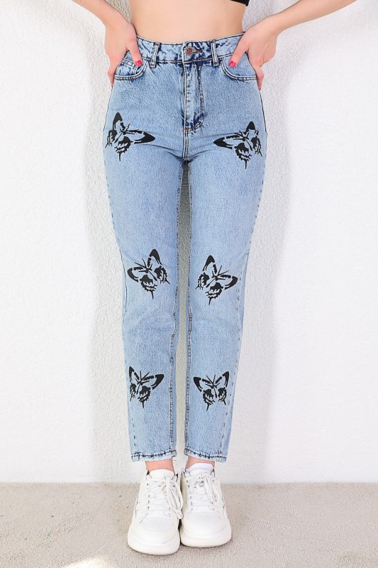JEAN-08110 Mavi Siyah Kelebek Baskılı Momfit Jean