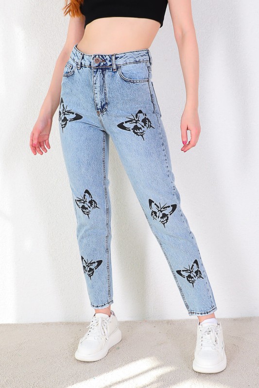 JEAN-08110 Mavi Siyah Kelebek Baskılı Momfit Jean