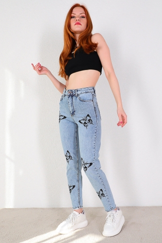 JEAN-08110 Mavi Siyah Kelebek Baskılı Momfit Jean - Thumbnail