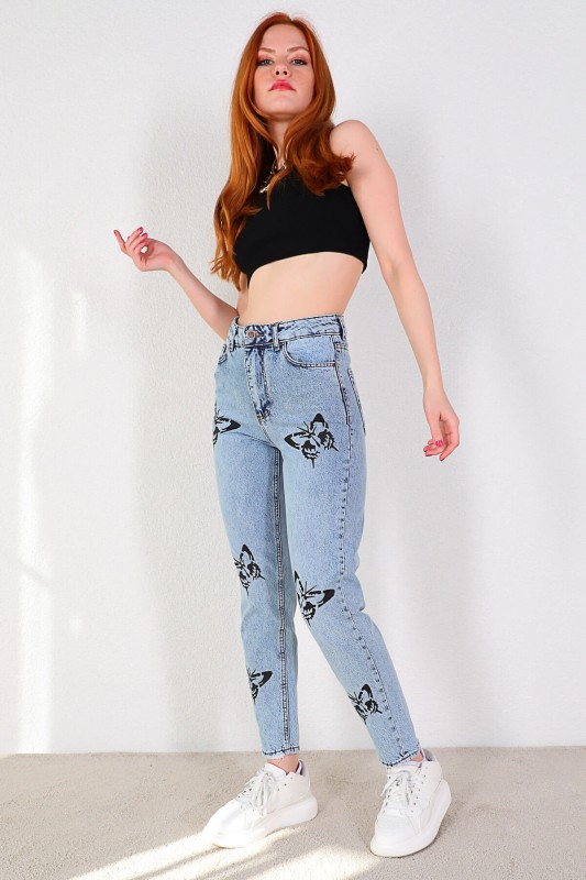 JEAN-08110 Mavi Siyah Kelebek Baskılı Momfit Jean