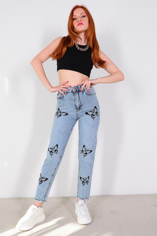 JEAN-08110 Mavi Siyah Kelebek Baskılı Momfit Jean