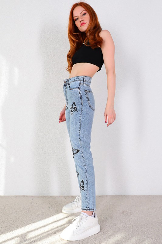 JEAN-08110 Mavi Siyah Kelebek Baskılı Momfit Jean