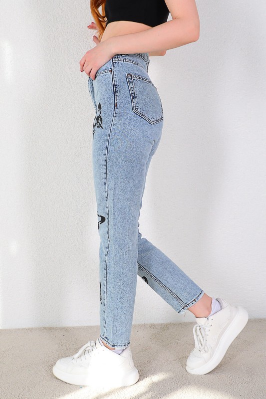 JEAN-08110 Mavi Siyah Kelebek Baskılı Momfit Jean
