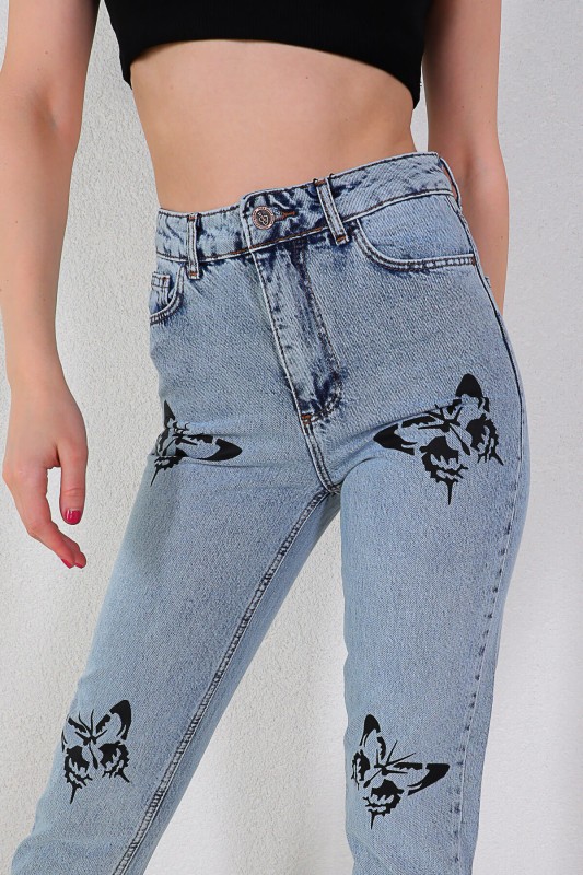 JEAN-08110 Mavi Siyah Kelebek Baskılı Momfit Jean
